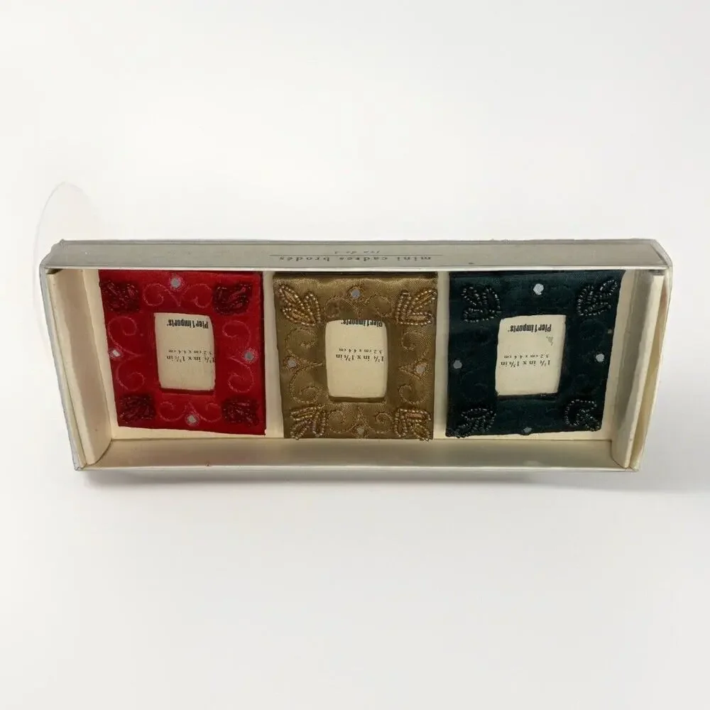 Pier 1 Mini Picture Frames Set of‎ 3 Square Beaded Satin Floral Green Gold Red